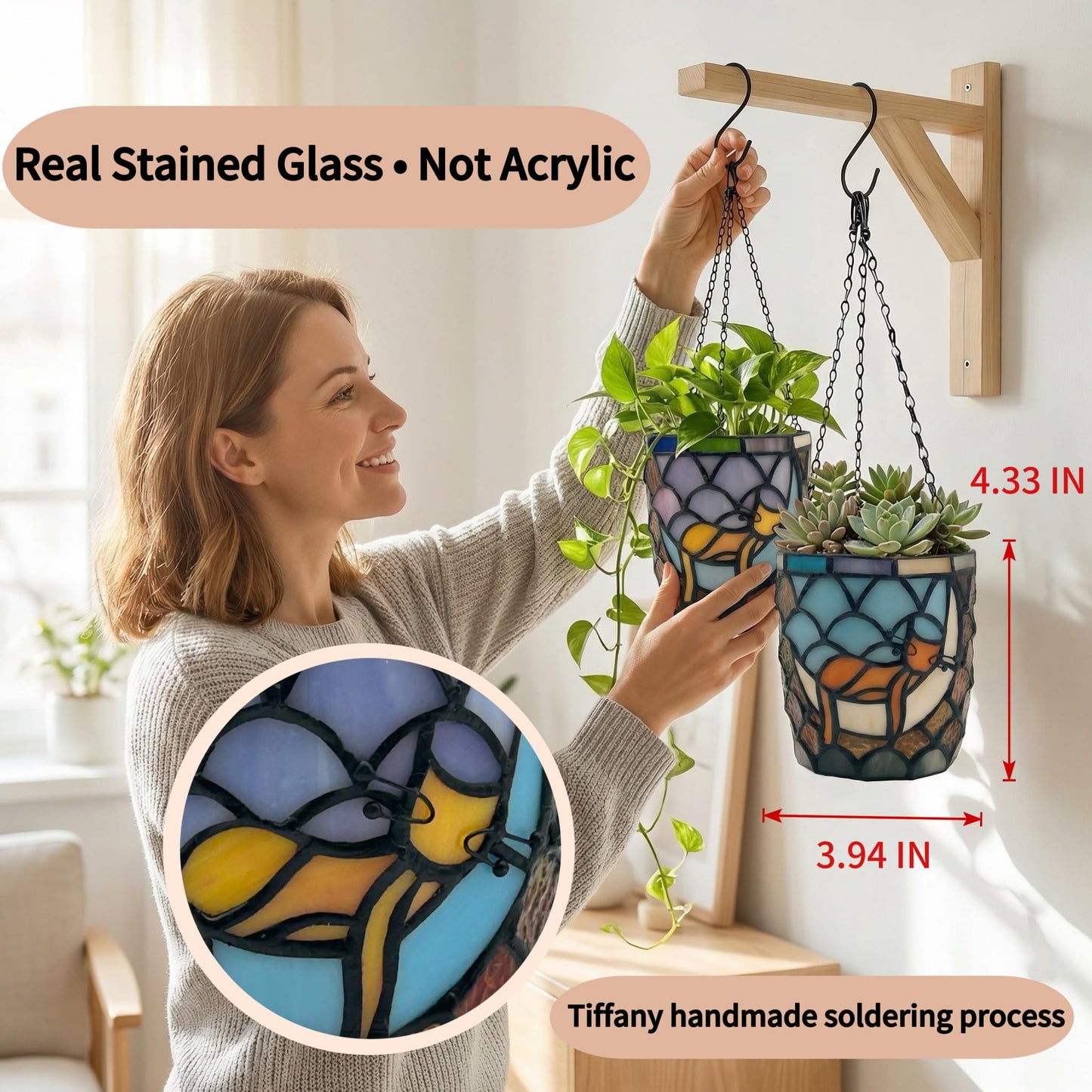 Entlityful Stained Glass Hanging Cat Planter Pot, Orange Sleeping Cat Small Hanging Plant Pots Indoor, Blue Moon Flower Pot Plant Gifts