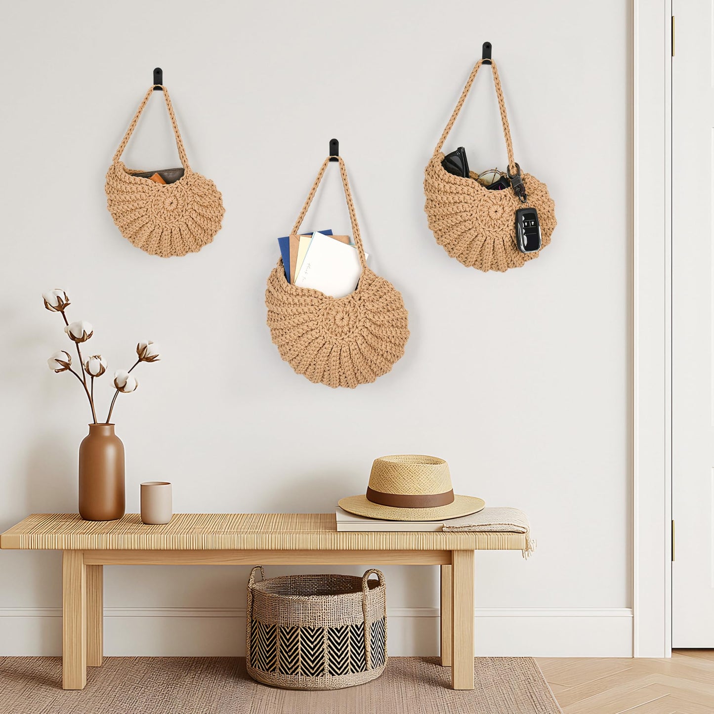 Boho Decor Hanging Wall Baskets for Kitchen, Seashell-Shaped Cotton Fruit Storage for Onion Vegetable Potato, 3 Pack Handwoven Wall Organizer with Hooks, Screws & Nuts