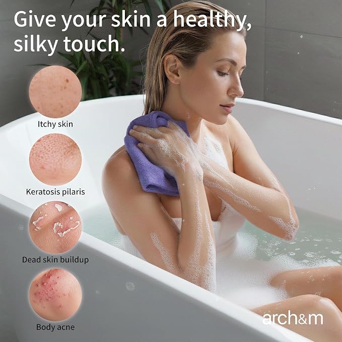 ARCH&M Exfoliating Washcloth & Shower Body Scrubber, 3 Pack | Japanese Washcloth, Korean Back Scrubber Towel, All Skin Type Daily Use in Shower, Textured Nylon, Smoother Skin, Quick-Dry