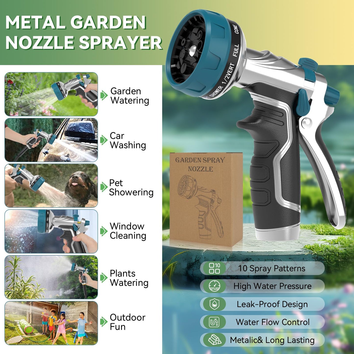 Garden Hose Nozzle, Heavy Duty Metal Water Hose Nozzle with 8 Adjustable Spray Patterns, High Pressure Hand Sprayer with Flow Control for for Garden Watering, Car & Pet Washing