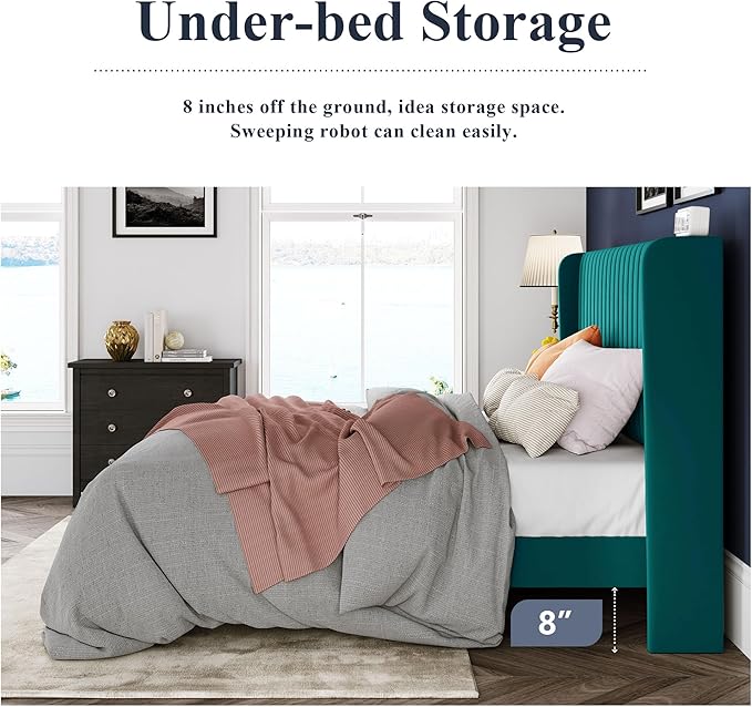 Allewie Queen Size Bed Frame/Velvet Upholstered Platform Bed/Vertical Channel