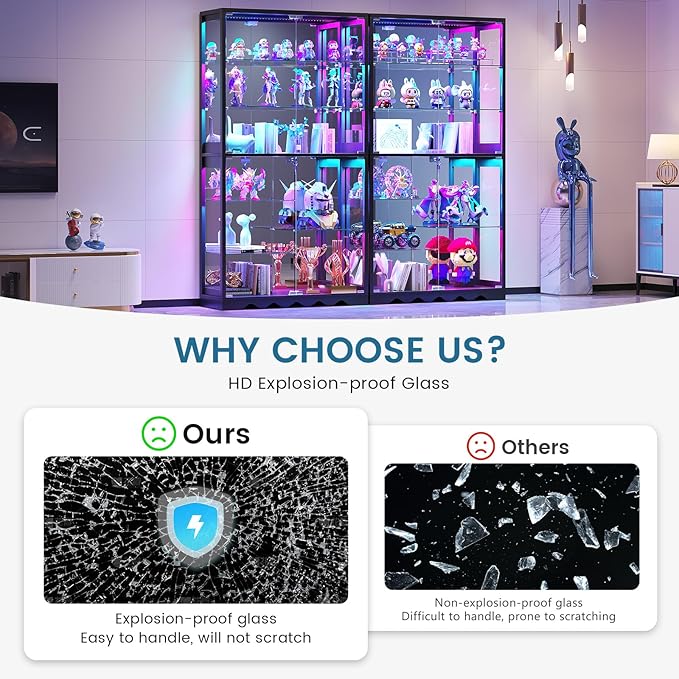 Large Display Cabinet with Glass Doors, 8-Tier RGB Curio Cabinet with Smart