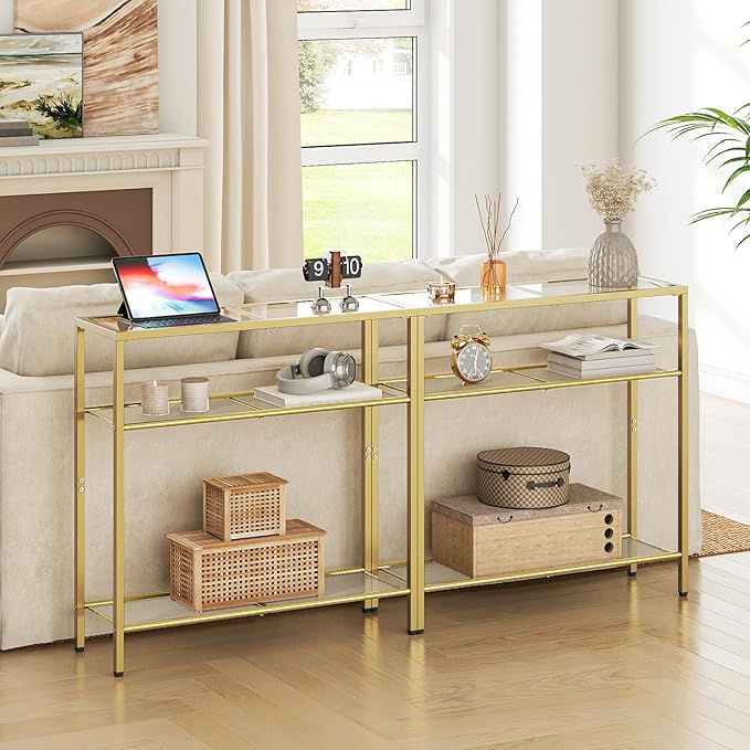 HOOBRO 29.5" Narrow Console Table, 3-Tier Tempered Glass Sofa Table, Modern