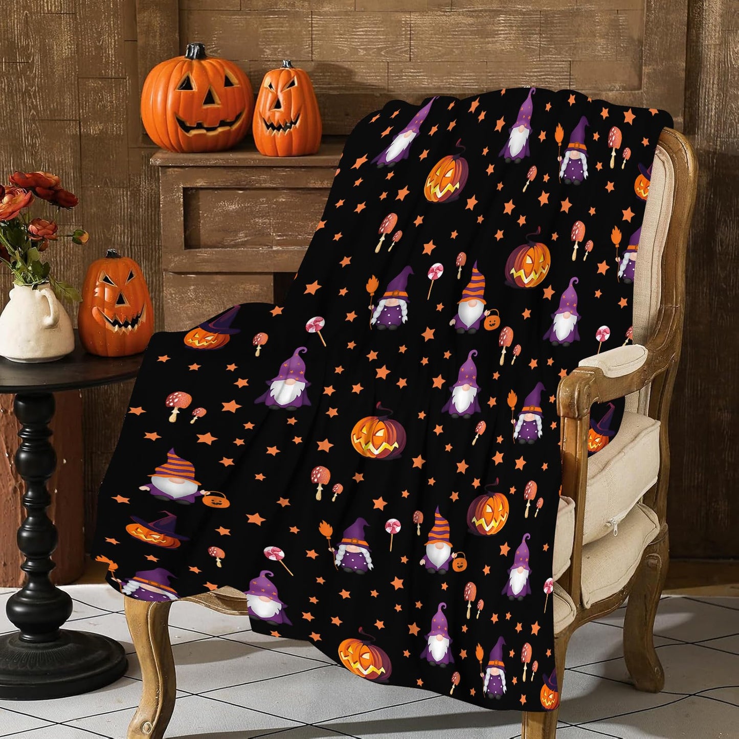 Halloween Blanket Cute Gnome Pumpkin Black Blanket Halloween Lightweight Throw Blanket for Women Kids Soft Cozy Fleece Couch Living Room 40x50 inches