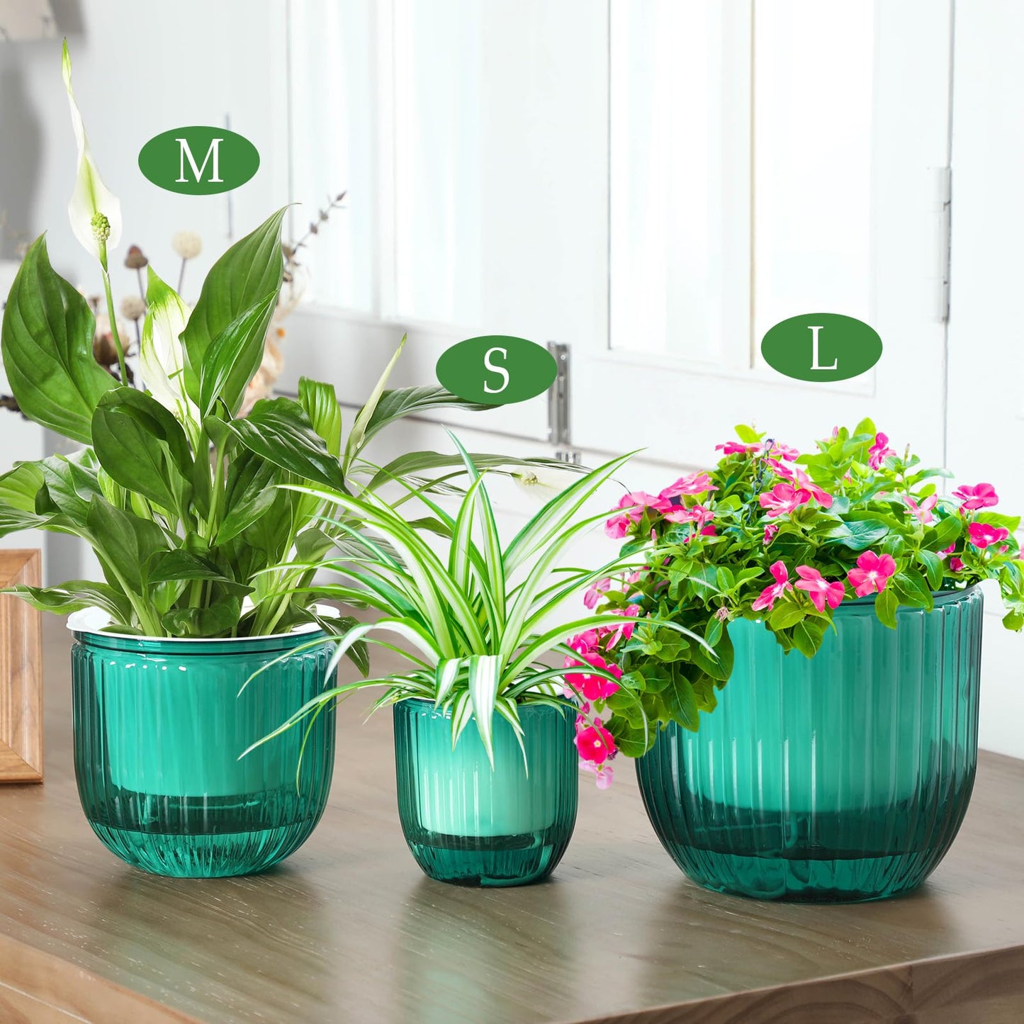 Romooa 3 Pcs Self Watering Pots for Indoor Plants Planters with Drainage Holes 8.3" 6.5" 4.5" Flower Pots Durable Plastic with Wick Rope and Reservoir Emerald Green Clear for Herbs African Violet
