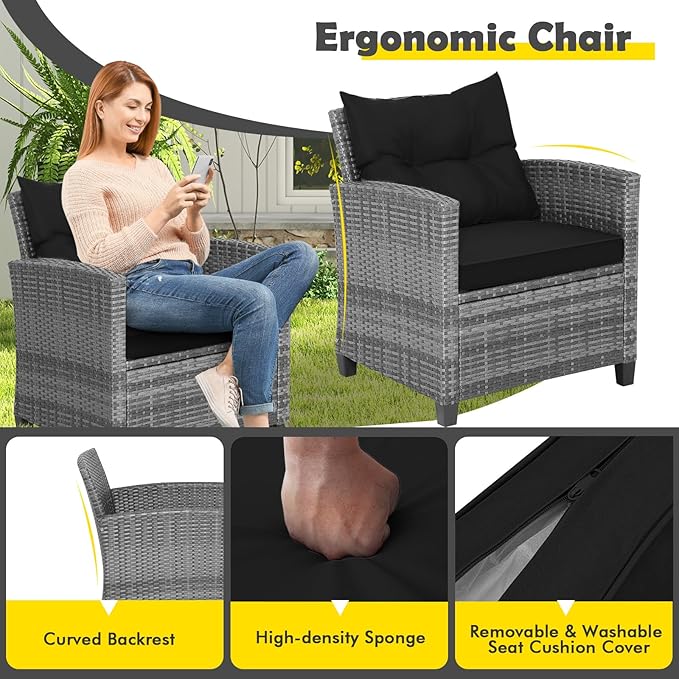 COSTWAY 3PCS Patio Furniture Set, PE Rattan Wicker Sofa w/Washable Cushion and
