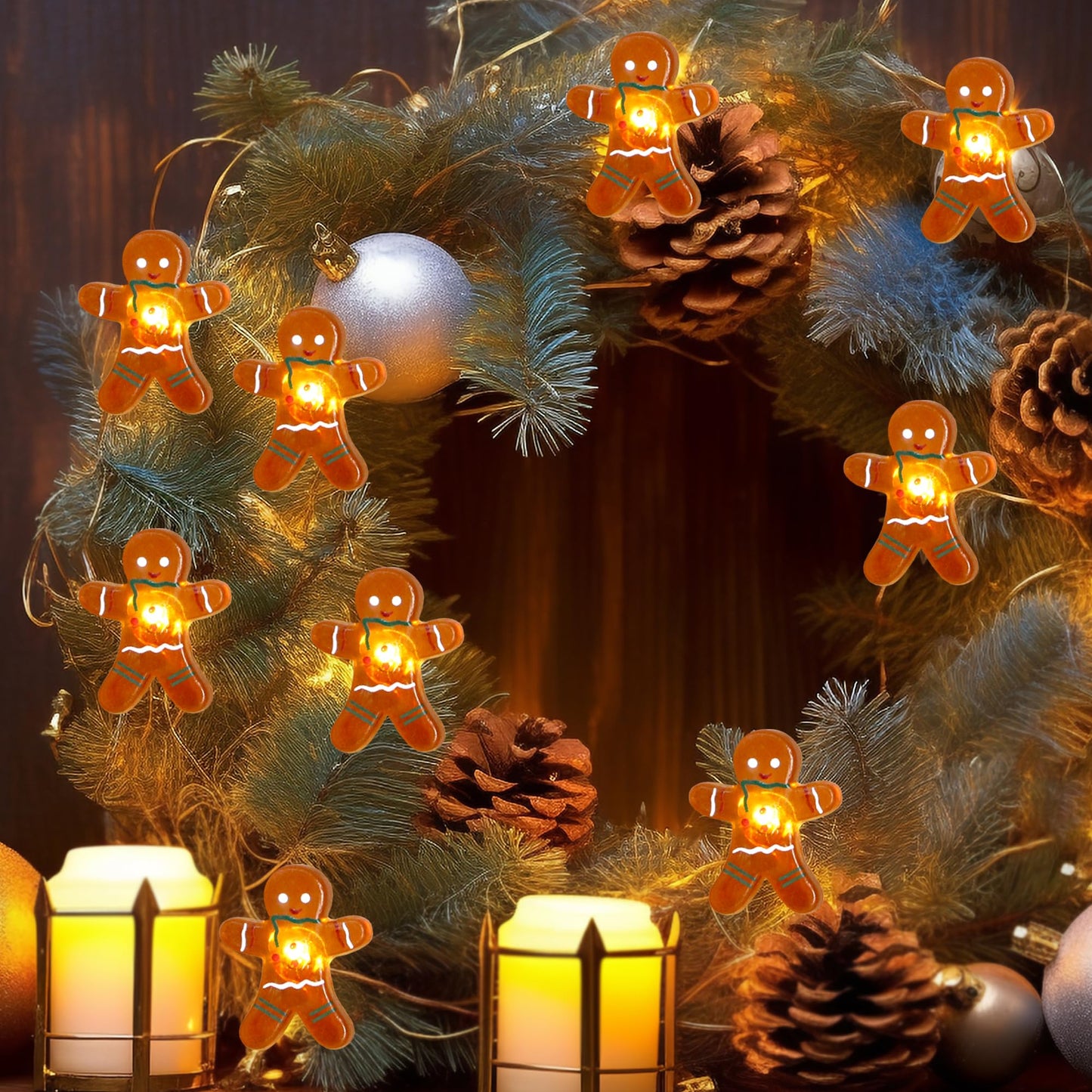 Impress Life Festive Decoration String Lights, Gingerbread Man Cookies 10 ft 40 LEDs with Battery/USB Powered Dimmable Fairy Lights with Remote for House Bedroom Decorative, Wedding Home