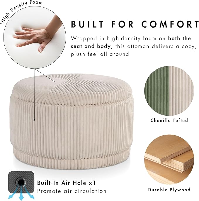 Furniture of America Lennox Modern Chenille 29-inch Round Storage Ottoman