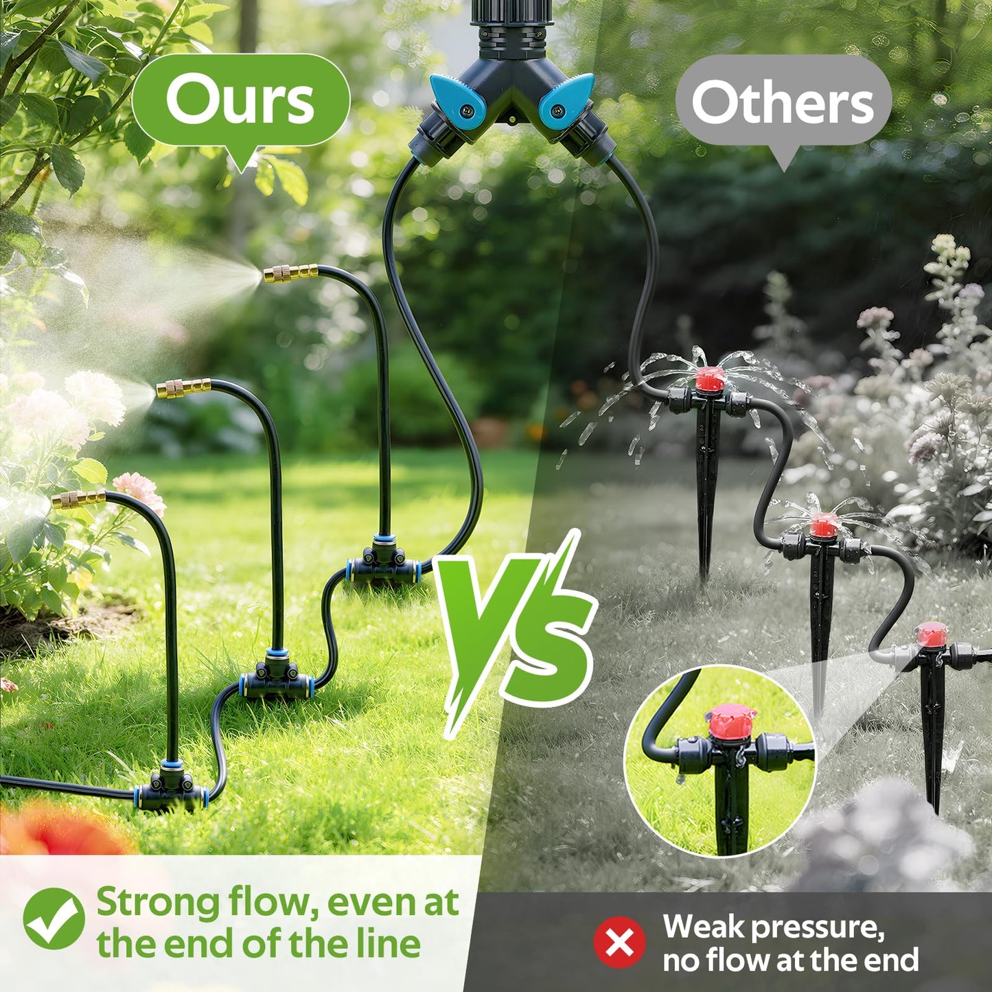 HIRALIY 360° Adjustable Drip Irrigation System 100FT, 1/4" Tubing with Adjustable Copper Nozzles, Automatic Atomizing Watering Kit for Garden, Yard, Lawn, Greenhouse & Potted Plants