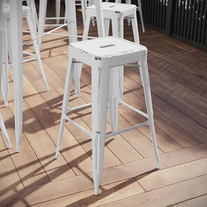 Flash Furniture Kai Commercial Grade 30" High Backless Distressed White Metal