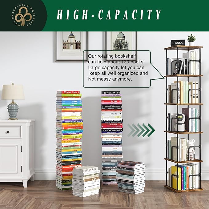 5-Tier Rotating Bookshelf, Freestanding Corner Bookshelf, 360° Spinning