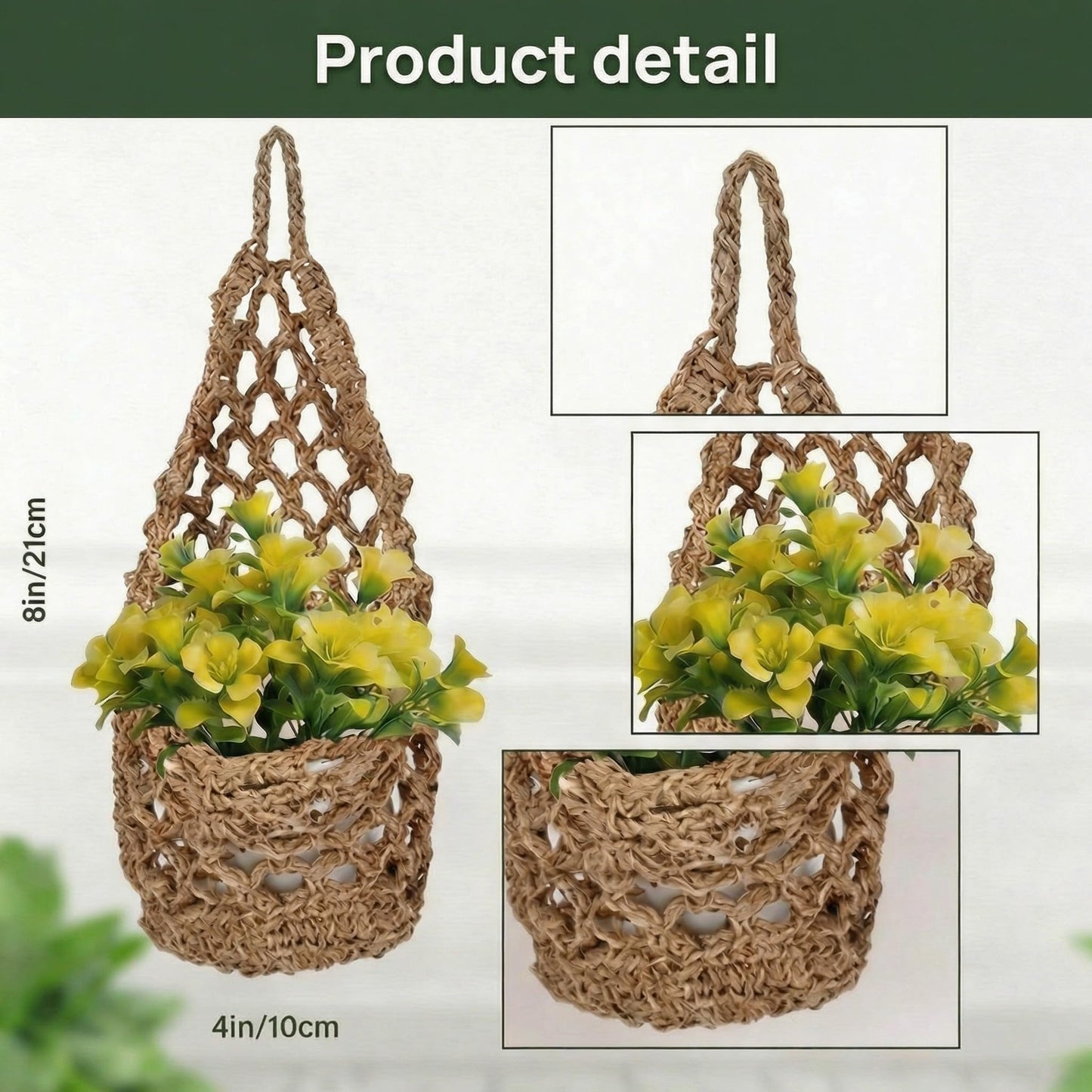 GliCraft 10 Pack Macrame Wall Plant Hanger with Artificial Pot Flower - Boho Wall Hanging Planter for Indoor Plant Cotton Rope Holder with Mini Fake Pot Flower for Home Wedding Decor Gift(Jute)
