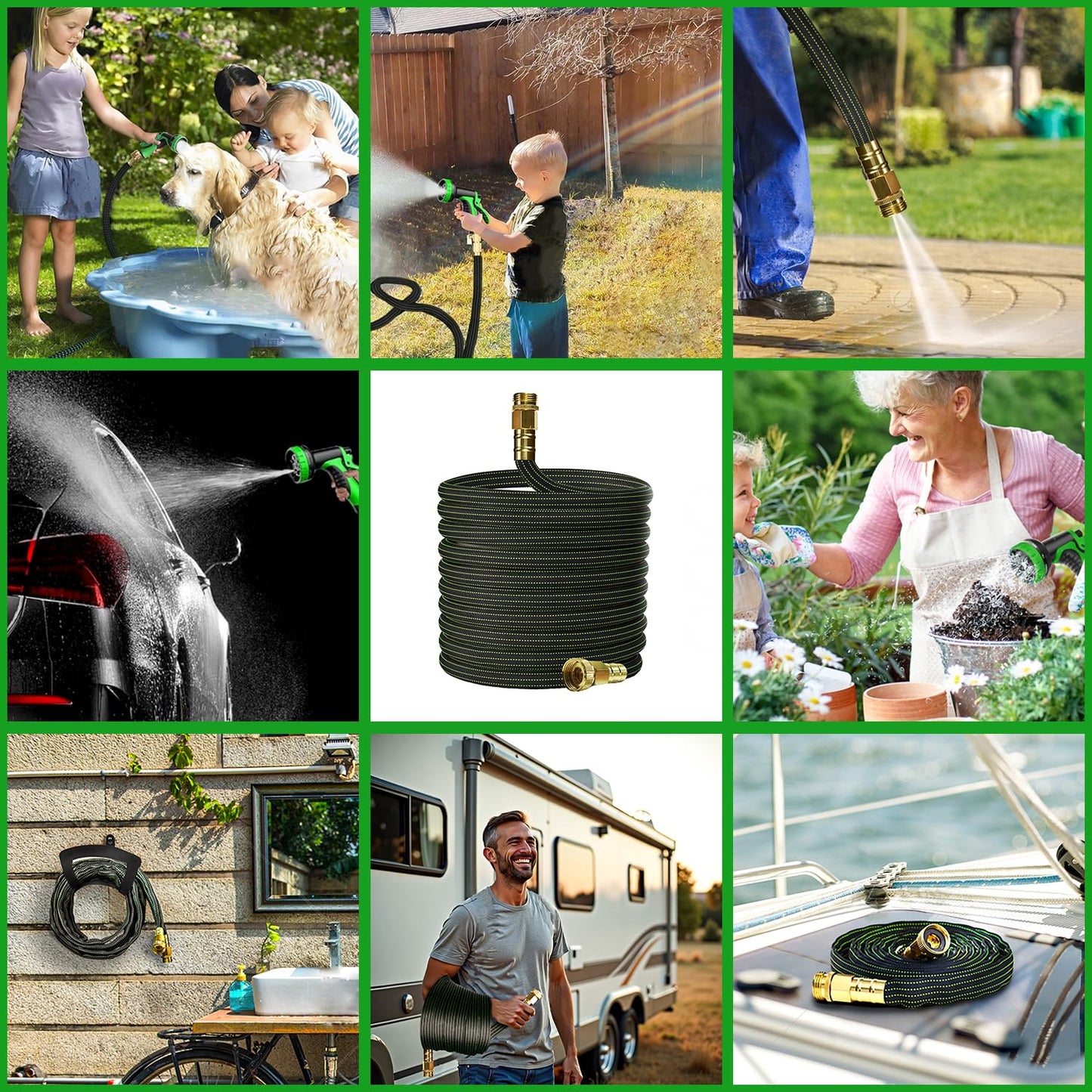 10FT Lightweight Flexible Garden Hose,Non-Slip Handles,Non-kink Hose,Solid Brass Fitting for Boats, RV Water Hose,Marine Washdown,Lawn,Garden,Leakproof TPE Hose (GreenBlack, 10 Ft)