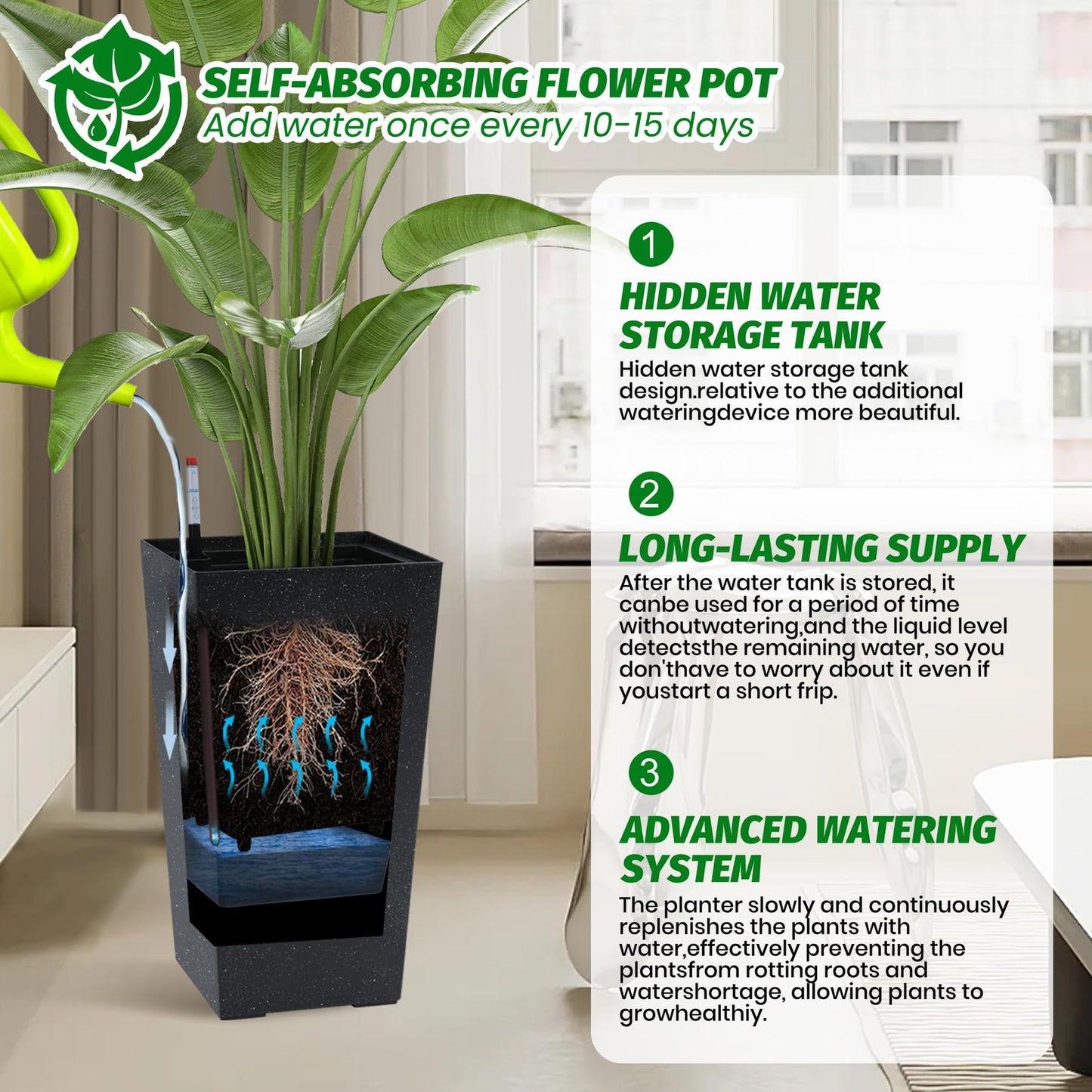 Garvee 16" Tall Planters Set of 2, Outdoor＆Indoor Black Planter Pots, High Front Porch Planter Pots with Drainage Holes＆Water Level Monitor＆Inner Bucket,Black
