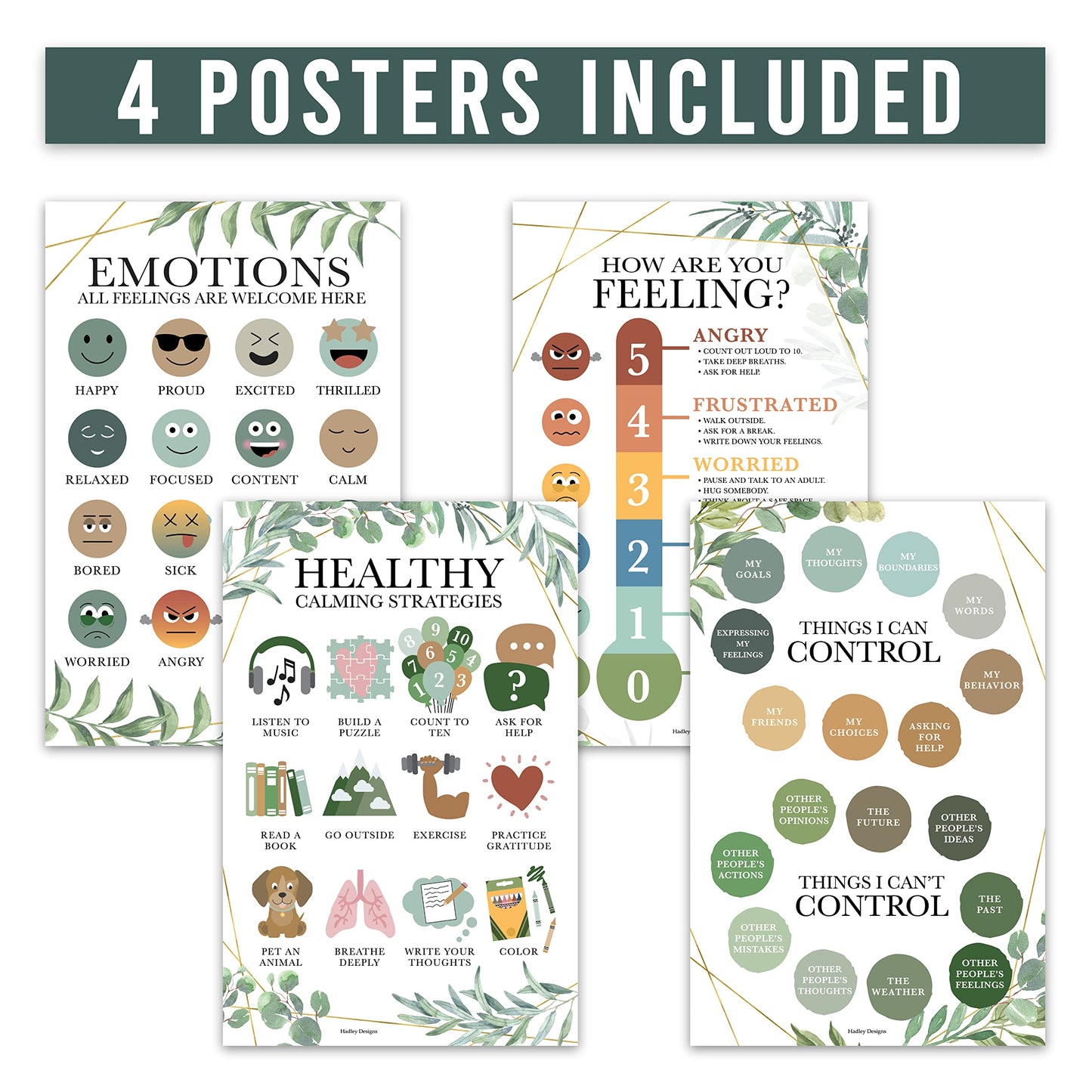 Hadley Designs Feelings Chart for Classroom Must Haves -Emotions Chart for Toddler Calm Down Corner Supplies,Feelings Wheel, Mental Health & Social Emotional Learning Posters, Greenery Classroom Decor