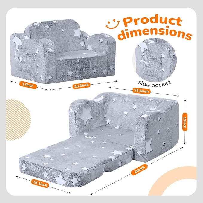 MeMoreCool Glowing Star Kids Chair, 2-in-1 Foldable Kids Couch