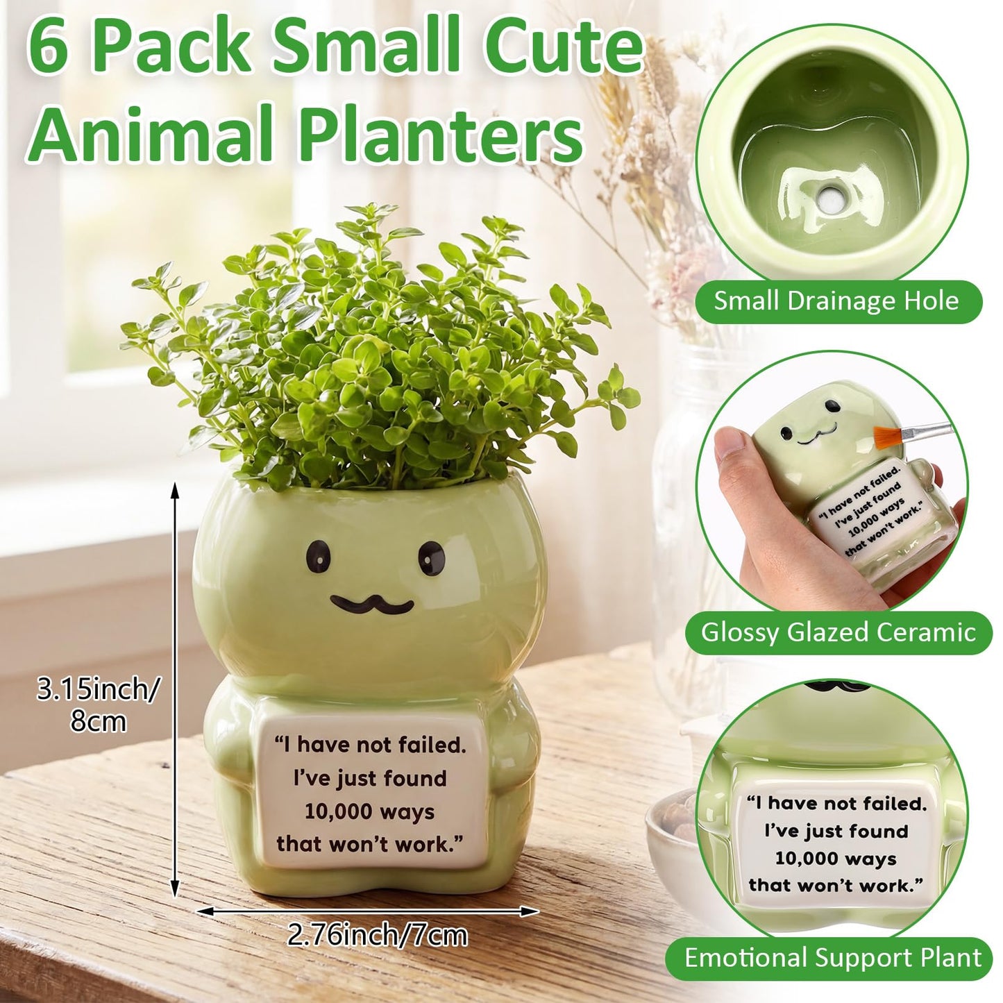 Ferrochef 6 Pack 2.95 Inch Cute Dinosaur Ceramic Succulent Planter Pots with Drainage Hole, Mini Inspirational Flower Planter Tiny Cactus Pot for Indoor Outdoor Plant, Encouragement Gift for Women Men