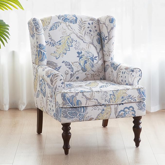 HUIMO Printed Wingback Accent Chair, Linen Upholstered High Back Armchair