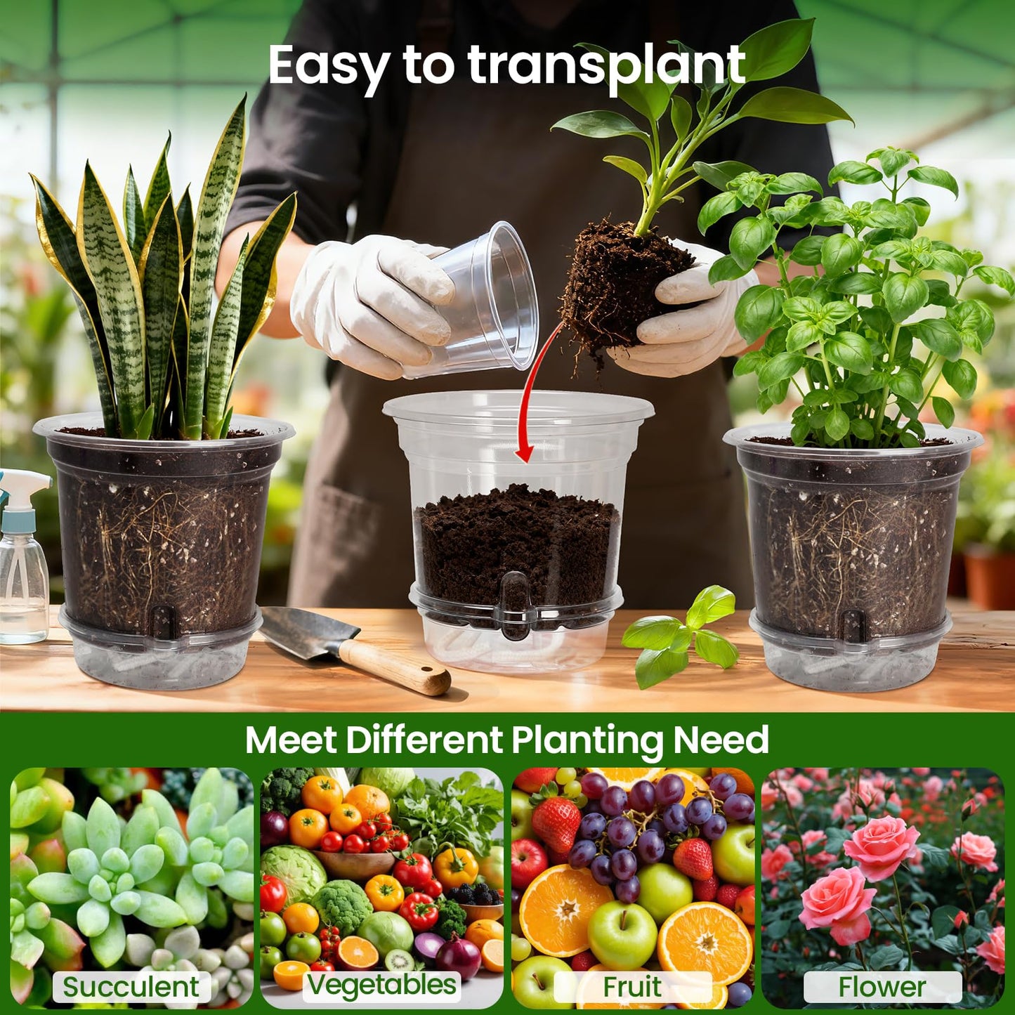 MIXC 12 Packs 6.5 Inch Self Watering Pots for Indoor Plants - Clear Nursery Plant Pots with Drainage, Deep Visible Reservoir - Flower Planter Outdoor with Wicking Rope