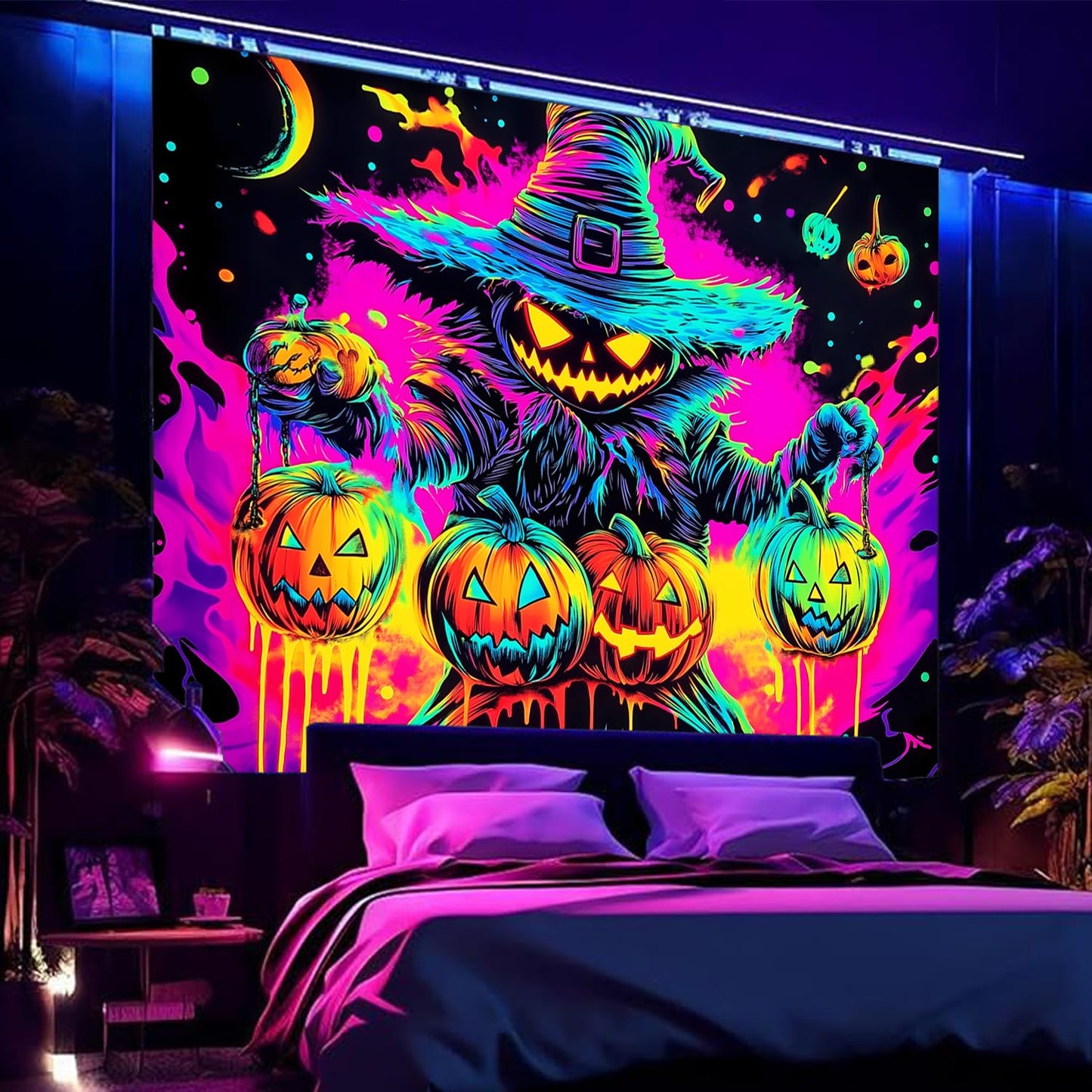 BSFHH Black Light Tapestry – UV Reactive Glow in the Dark Wall Hanging, Spooky Night Scene with Ghosts & Pumpkins, Haunting Home Decor for Parties, Bedroom, or Dorm (Pumpkin, 79L x 59W, Unframed)