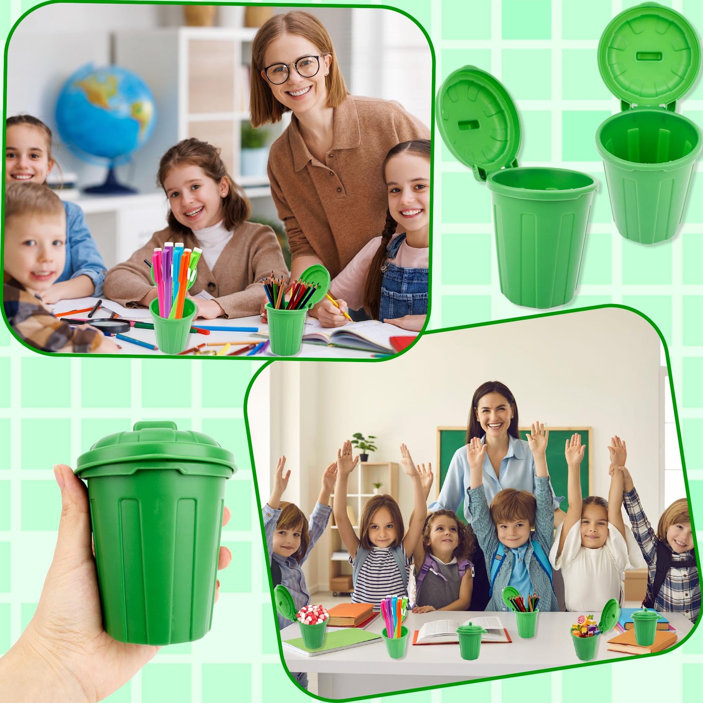 Swakuta 30 Pack Mini Green Trash Can Small Desktop Trash Can Miniature Garbage Bin with Lids Cute Miniature Garbage Cans for Pen Holder Desk Organizer Birthday Supplies Home School