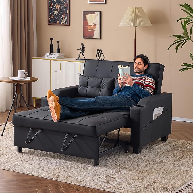VINGLI Black Futon Sofa Bed Convertible Loveseat Sleeper Couch, Faux Leather