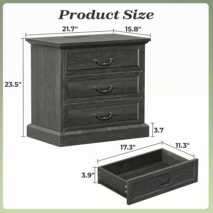 Huuger Nightstand with Charging Station, 3 Drawer Night Stand, 22 Inch Wider