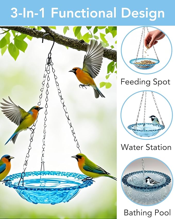 2 Pack Hanging Bird Baths and Feeders for Outdoors, Plastic Bird Bath Bowl & Hanging Feeder for Garden Yard Decor,Nature Blue
