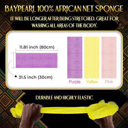 UJFQBH 3 Pieces African Bath Sponge African Net Long Net Bath Sponge Exfoliating Shower Body Scrubber Back Scrubber Skin Smoother,Great for Daily Use (Pink,Yellow,Purple)