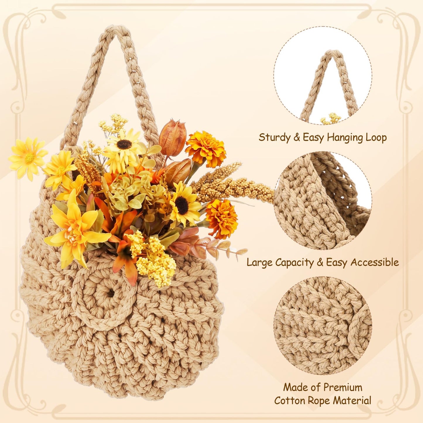 Qinyoung 3 Pack 14" 12" 10.5" Conch Wall Hanging Baskets for Kitchen Fruit Baskets with 3 Hooks Boho Decor Conch HangingWall Kitchen Storage for Fruits Vegetables Onions Potatoes