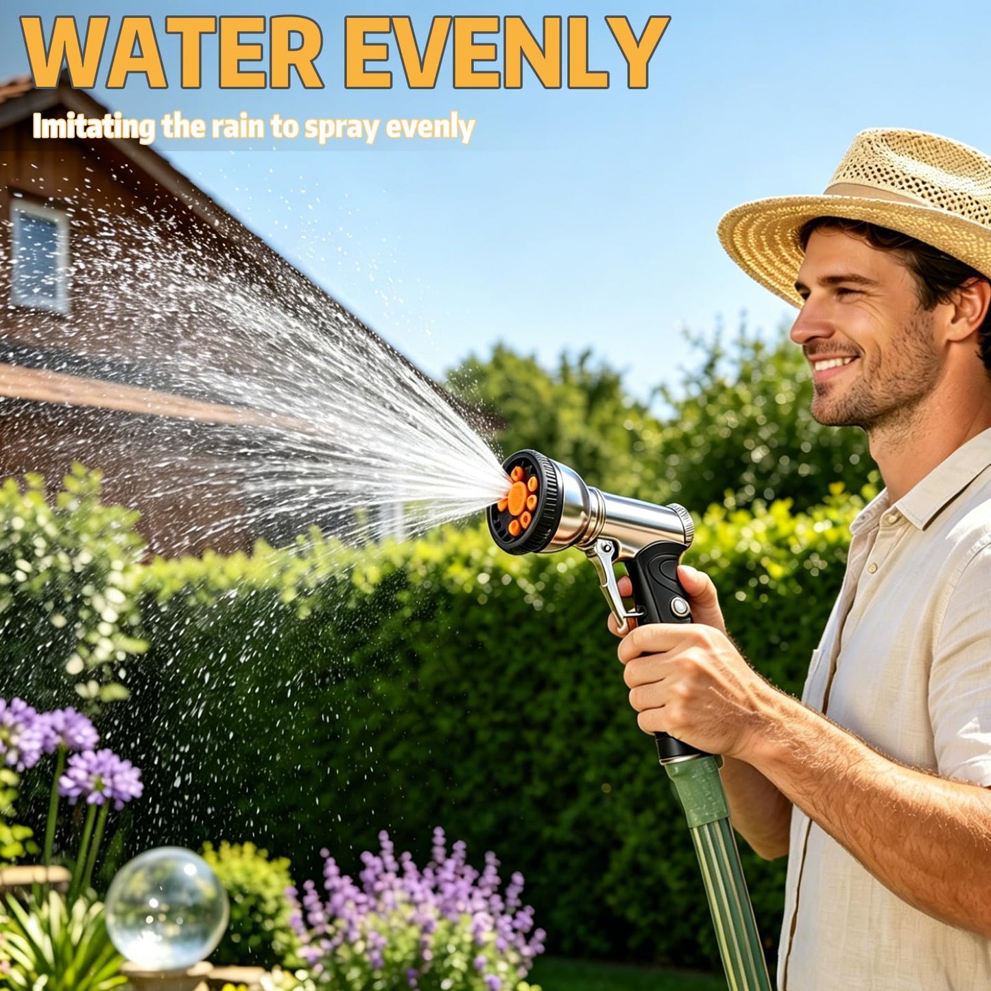 Livoanah Garden Hose Nozzle Heavy Duty, High Pressure Hose Sprayer with 9 Spray Patterns, Metal Water Hose Nozzle Leakproof for Car Washing, Lawn Care, Plant Watering, Patio Cleaning & Pets (orange)