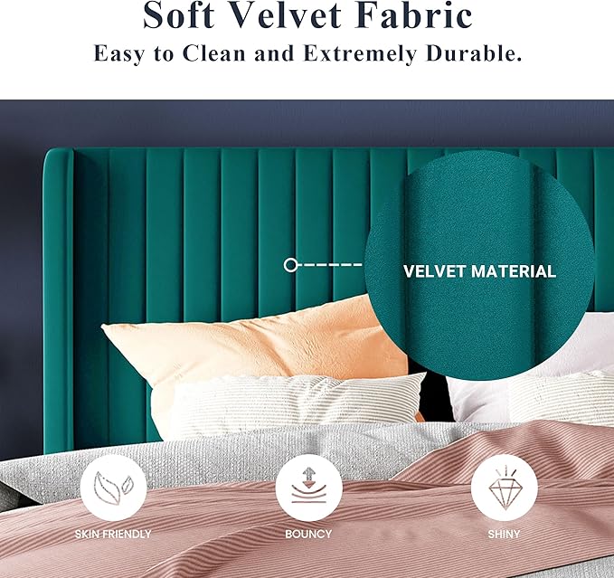 Allewie Full Size Bed Frame/Velvet Upholstered Platform Bed/Vertical Channel