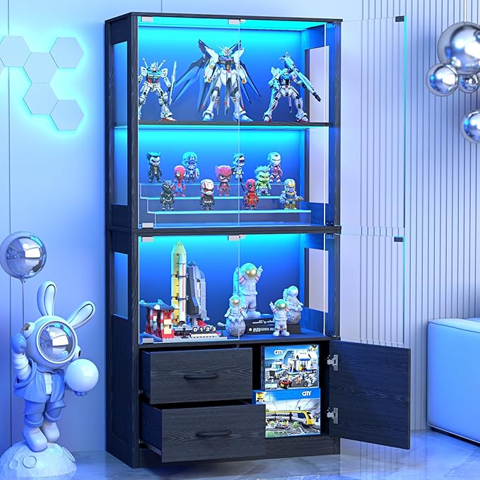 Display Cabinet with Glass Doors, 4-Tier Display Case with 3-Color Lights &