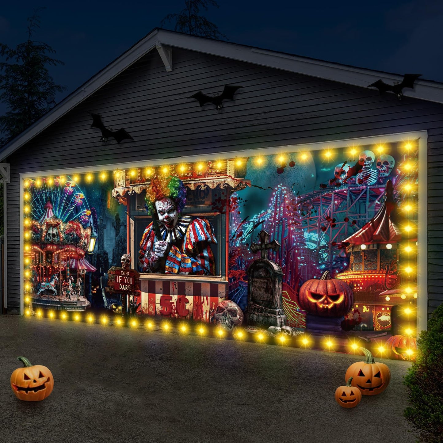 Ganeen 7x16 ft Halloween Garage Door Banner Large Rustic Garage Banner Cover Halloween Backdrop with LED String Light Holiday Vinyl Cover Door Decoration(Evil Circus)