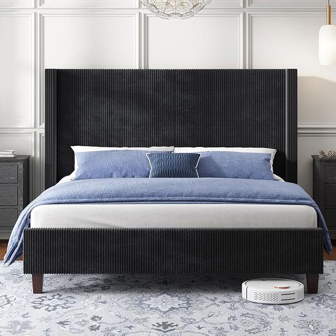 HOWE King Size Bed Frame with 50.8" Tall Wingback Headboard, Modern Corduroy