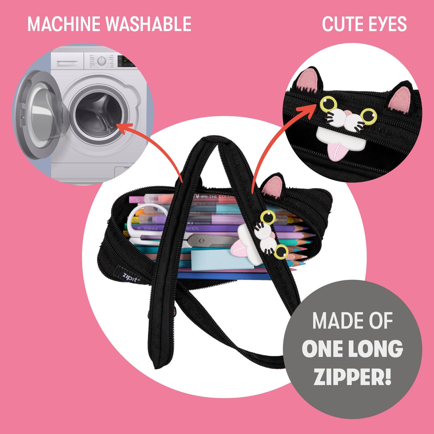 ZIPIT Cat Pencil Case for Girls, Cute Zipper Pouch for Kids Teens, Stationery Bag for School,Black