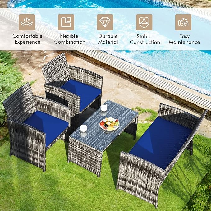Goplus 4-Piece Rattan Patio Furniture Set, Outdoor Wicker Conversation Sofa