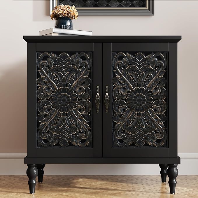 ARTPOWER Accent Cabinet with 2 Doors, Vintage Carved Wood Storage Cabinet