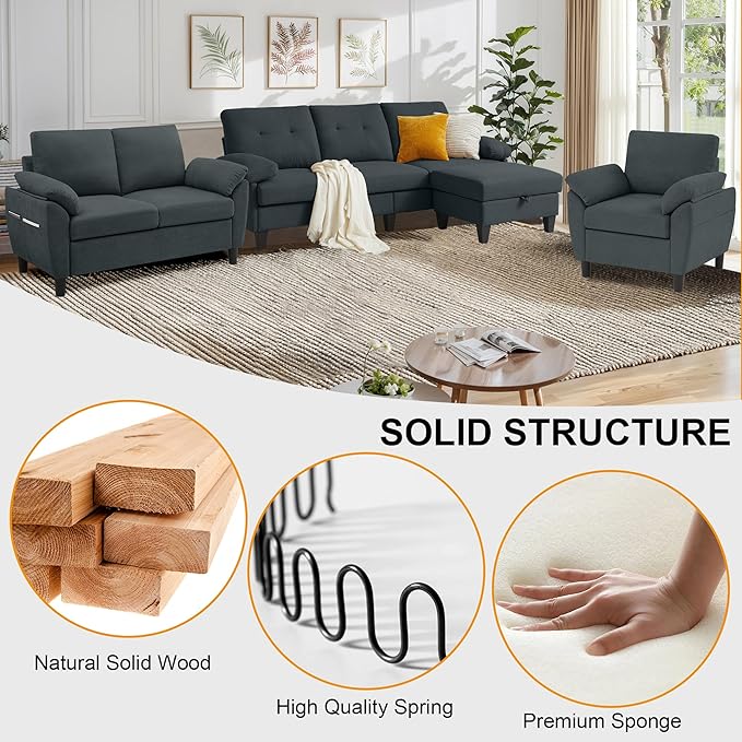 84" Convertible Sectional Sofa Set, 3 Seat L Shaped Couch