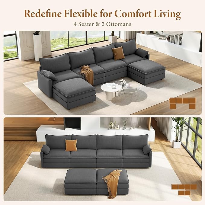 Vesgantti 142" U Shaped Sectional Couch, Comfy Cloud Modular Sectional Sofa