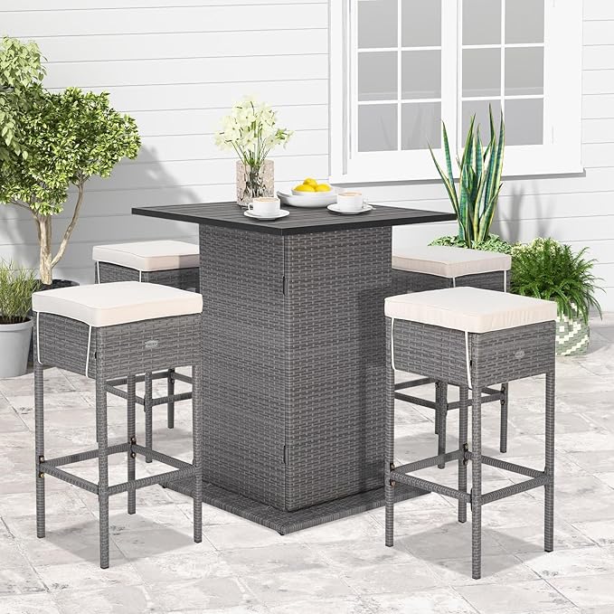 Tangkula 5 Piece Outdoor Rattan Bar Set, Patio Bar Furniture