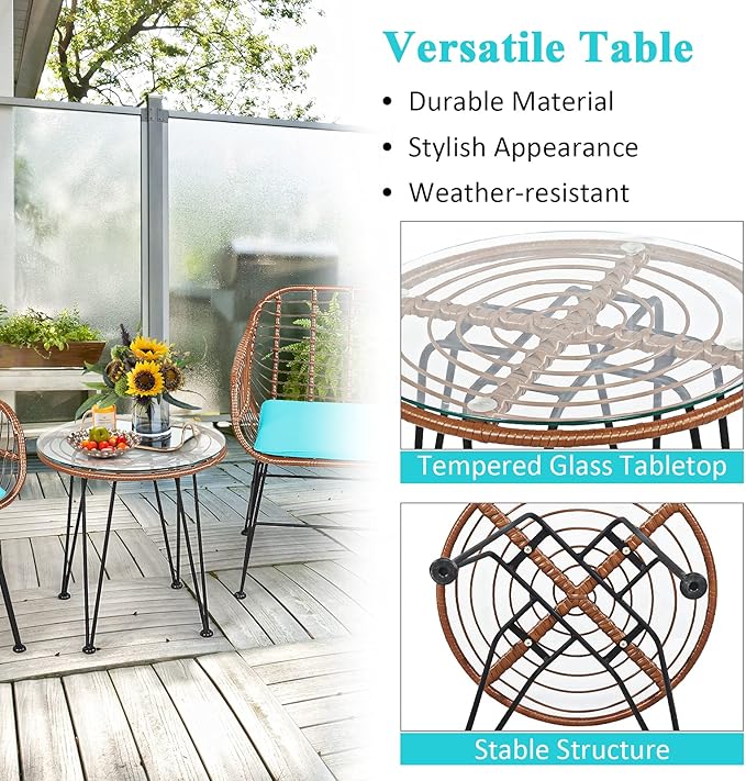 Tangkula 3 Pieces Patio Conversation Bistro Set, Outdoor Wicker Furniture