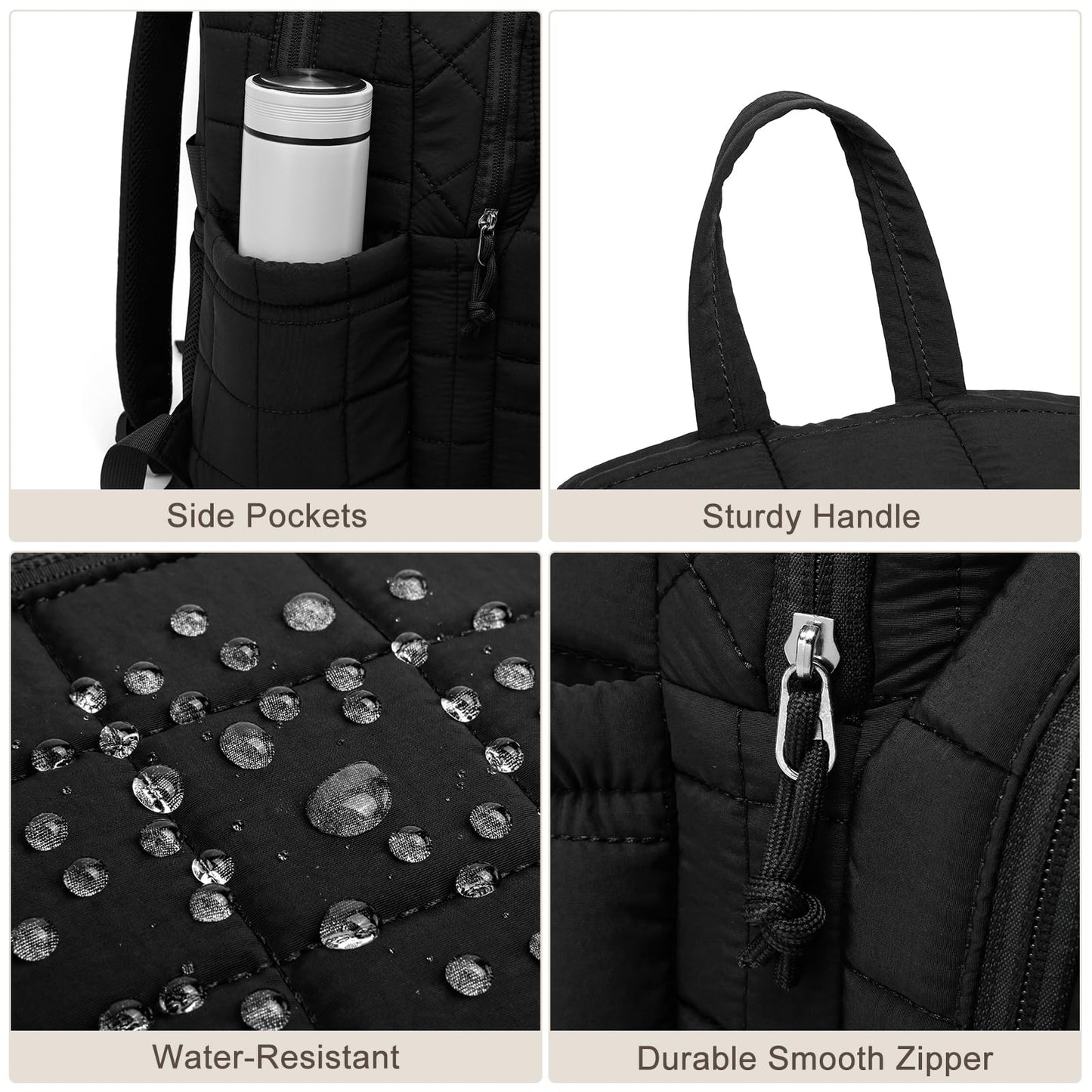 kadilong Laptop Backpack for Women College Travel,Quilted Daypack Bookbag for School Teen Girls Mochilas Mujer,Black