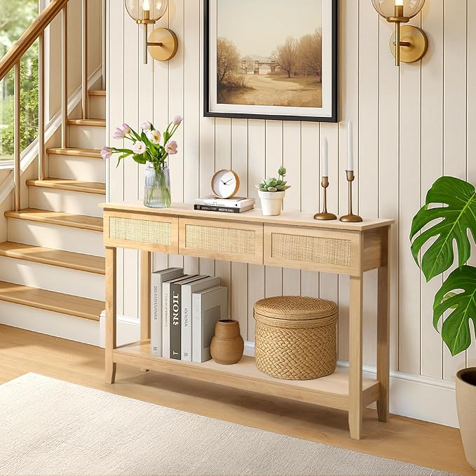 Karl home Console Table, Rattan Entryway Table