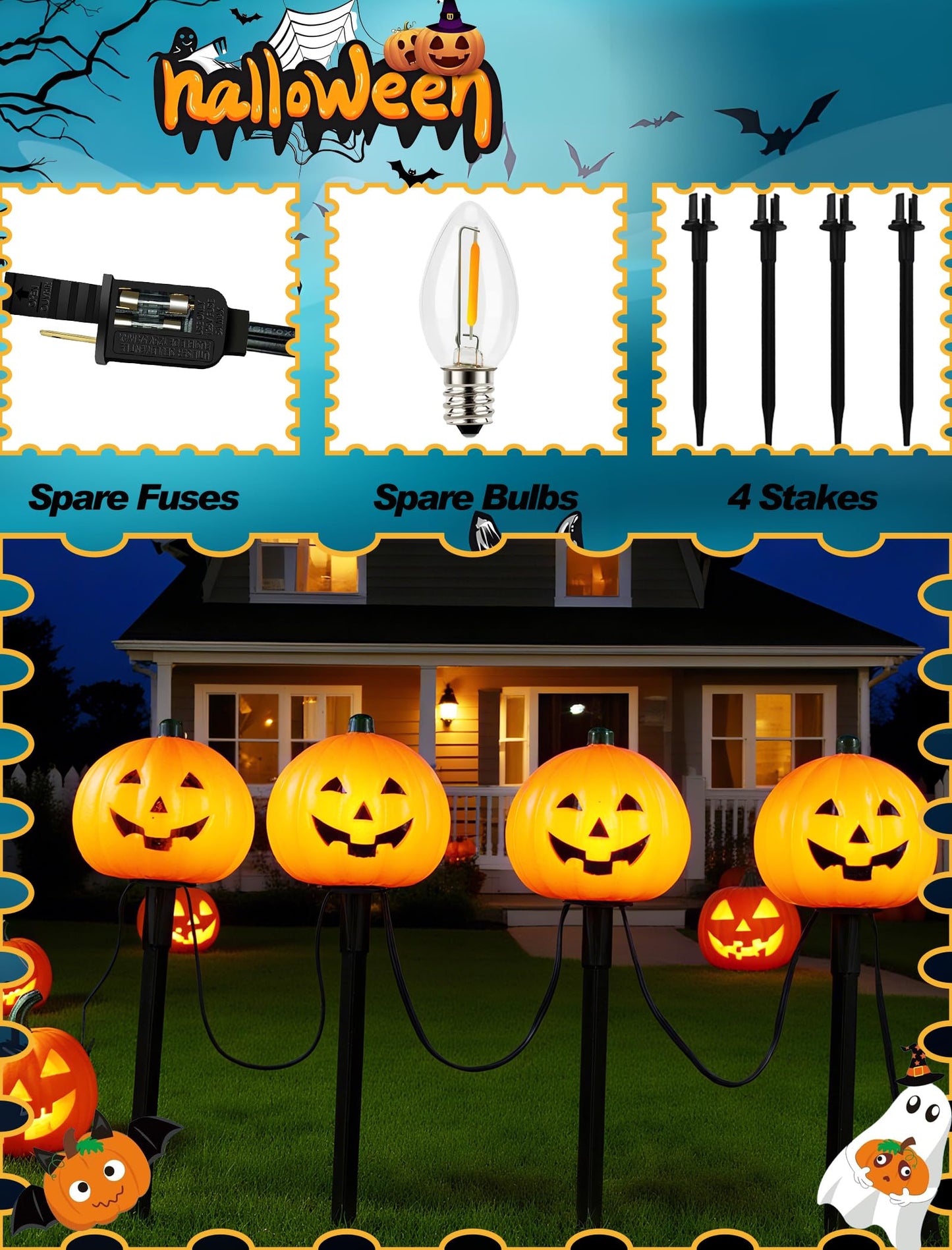 4 Pack Halloween Pumpkin Pathway Marker Lights with C7 Clear Bulbs, 7Ft Pumpkin Night Light with 4 Stakes, Extendable Waterproof Pathway Decor for Yard Porch Lawn Pathway Garden Chirstmas