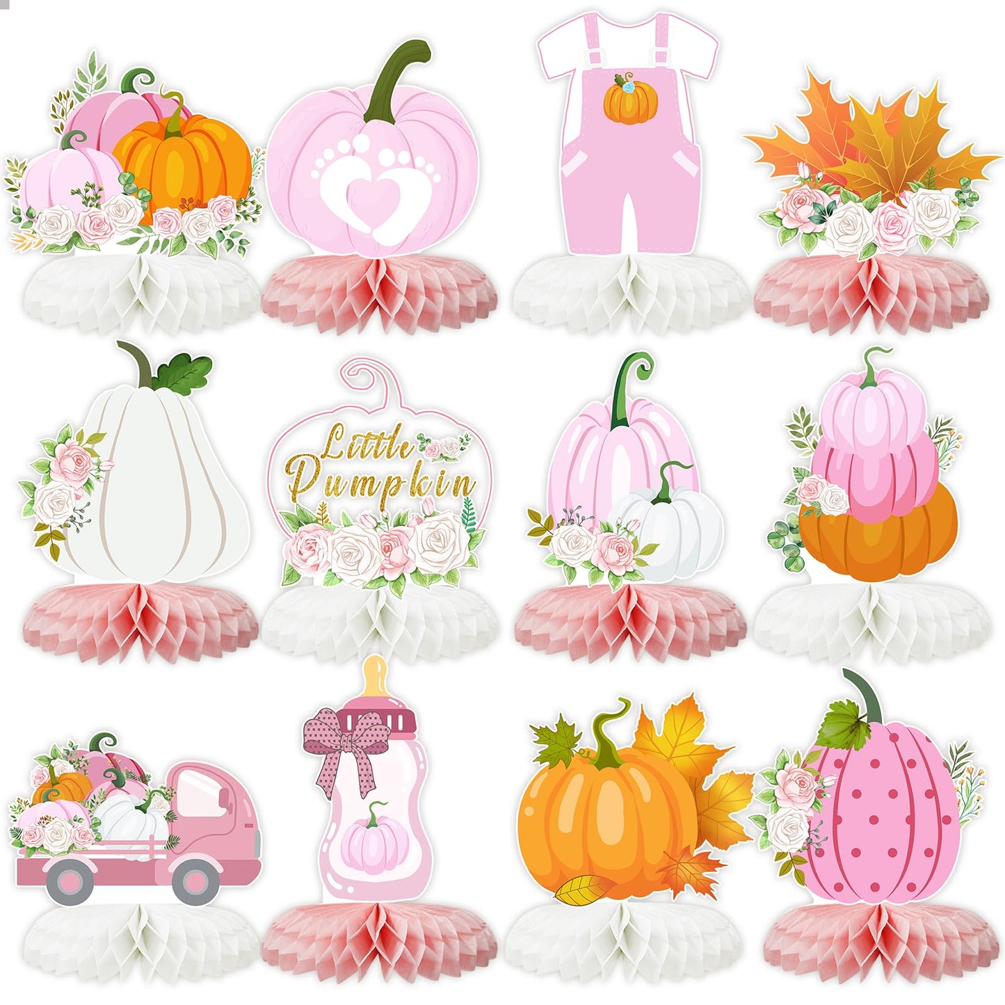 12 PCS Little Pumpkin Baby Shower Decorations 3D Honeycomb Centerpiece Fall Party Table Decor for Girls Pink Table Toppers Honeycomb Gifts for Birthday Party Supplies