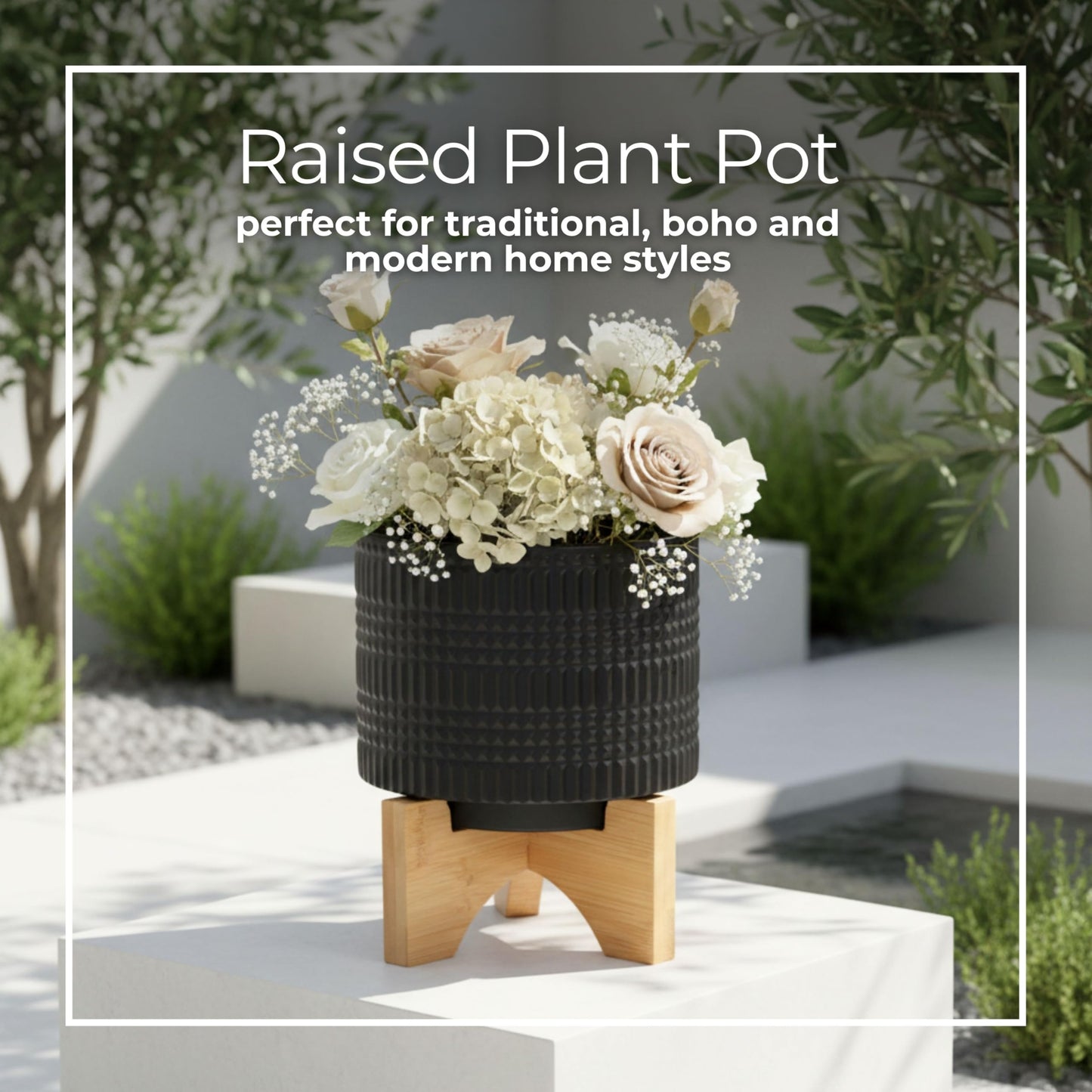 Ceramic Planter With Bamboo Stand – Plant Stand Indoor For Tabletop Display, Living Room, Bedroom, Or Office Shelf, Modern Black Planter Home Decor Accent – 5.5", Black