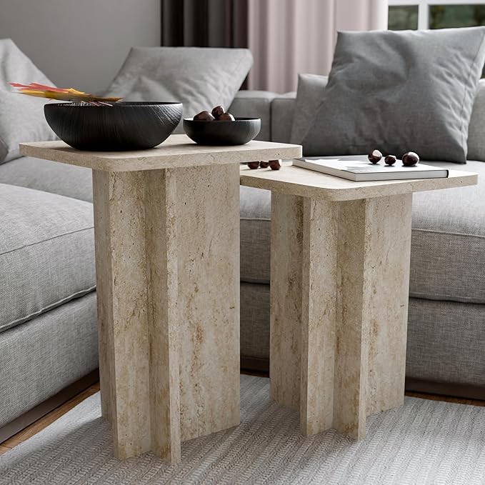 Travertine Efect Square Nesting Table Set of 2 Modern Coffee Table Small Side