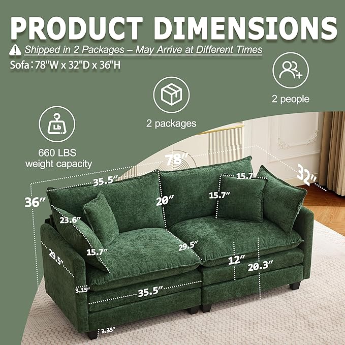 78" Modular Sectional Sofa, Cloud Couch Loveseat Sofa, Deep Seat Washable