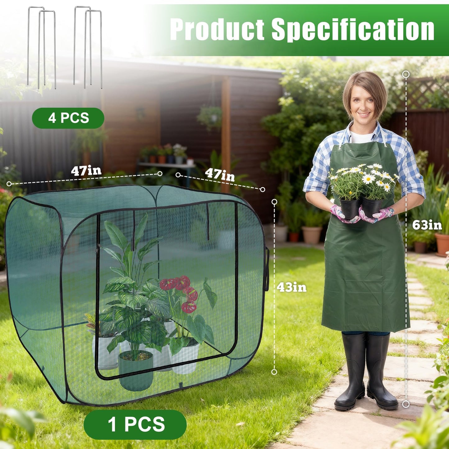 RGQSUN 1Pcs 47 x 47 x 43in Pop-up Garden Mesh Plant Cover,Large Pest Guard Cover,Plant Gardening Net Cover with Zip and Stakes for Protecting Vegetable Fruits Plant from Birds Insects